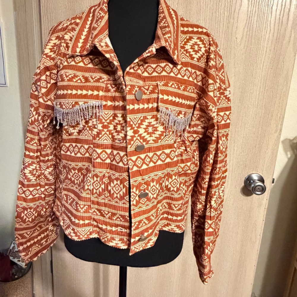 Savannah Jane Orange and Cream Aztec Patterned Bling Jean Jacket